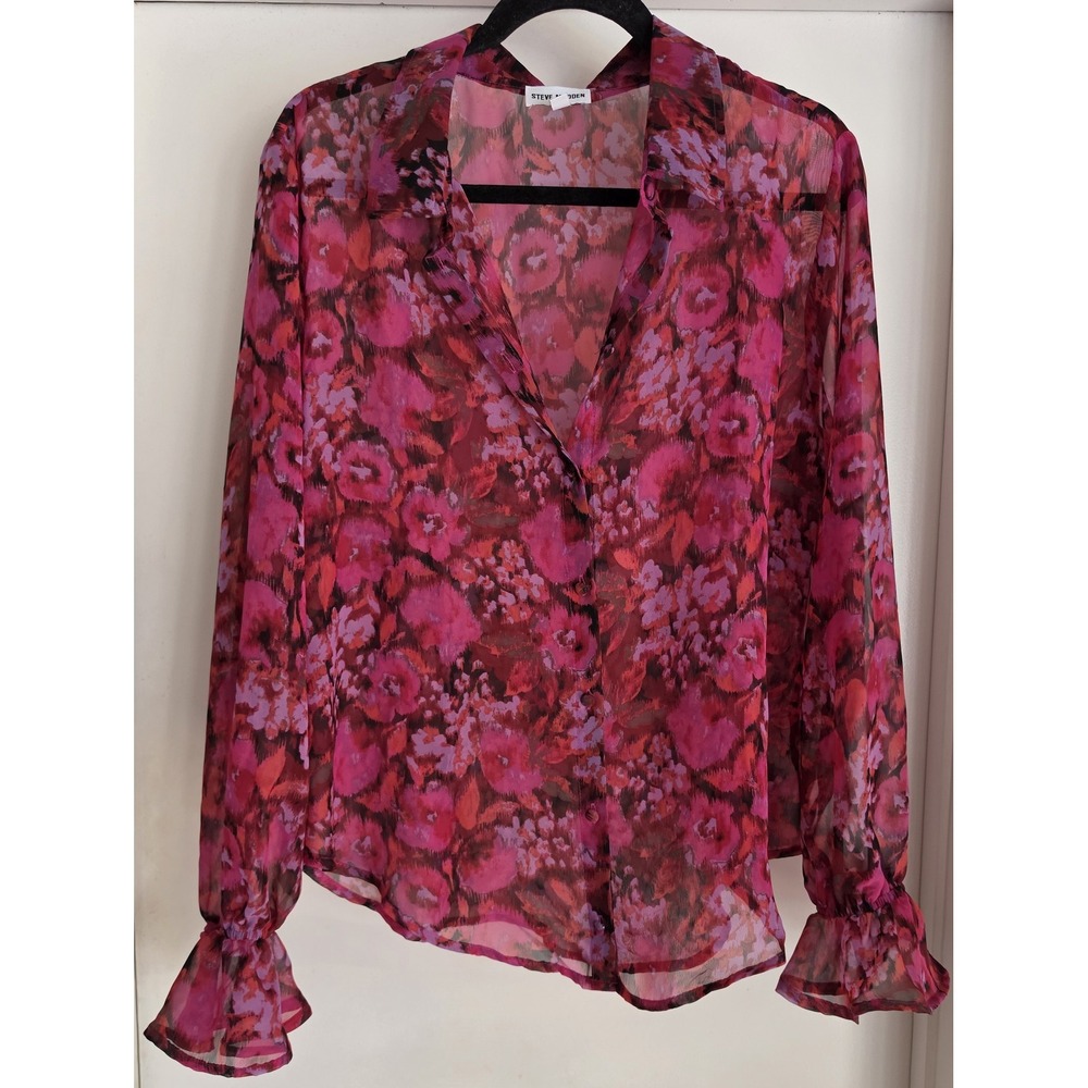 Steve Madden Blouse Women L Pink Floral Collared Long Sleeve Top Shirt